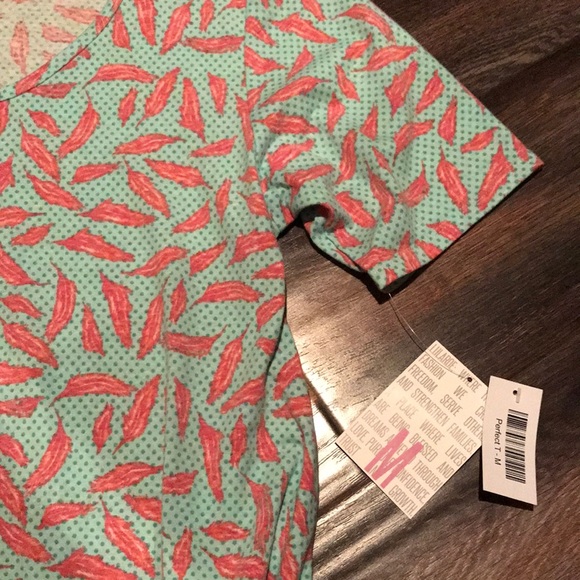 LuLaRoe Tops - LuLaRoe Perfect T - pink feathers on aqua dot